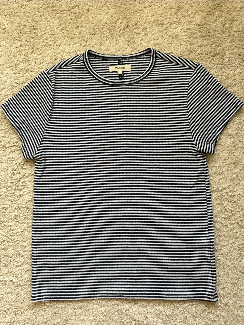 Madewell Navy and White Striped Crewneck Short Sleeve Tee